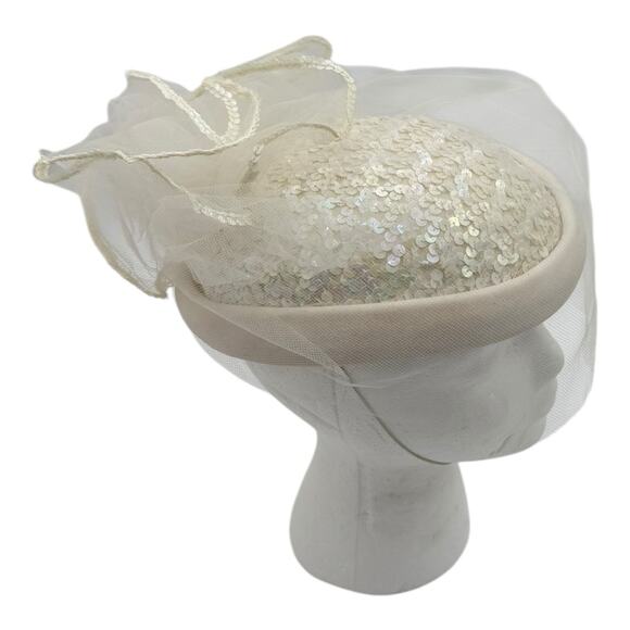 Vintage White Off-white Hat W/ Netting Sequins Classic Pillbox Wedding Chic 60’s main image 12